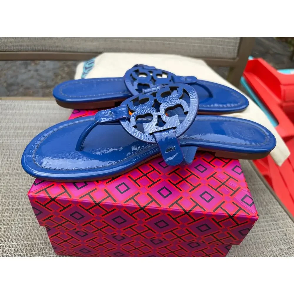 Tory Burch Miller Naplak Patent Leather Sandal Nautical Blue Thong Flat 6.5